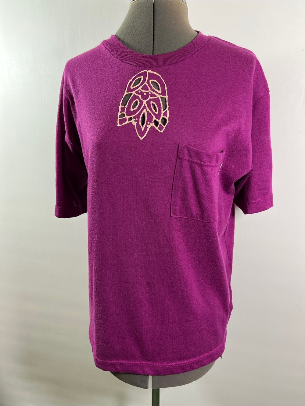 Classic Magenta Short Sleeve Tee with Embroidered Neck & Sleeve Detail Size L